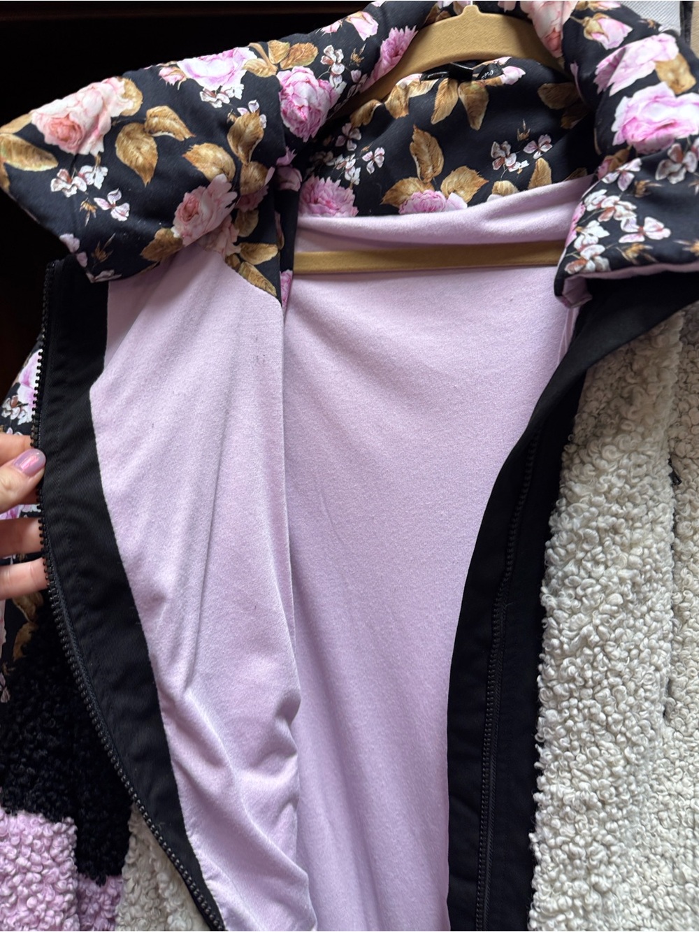 For Love & Lemons Black Floral Sherpa Jacket with Cream and Pink Accents - Picture 3 of 7